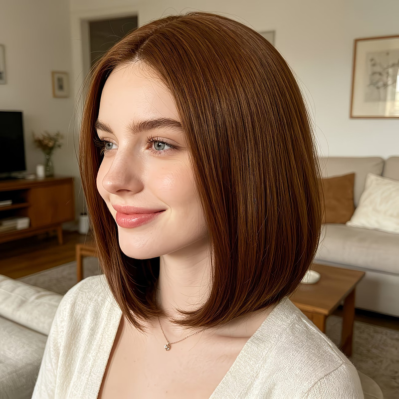 Wig Fiber Net - Luchtige pony korte bob pruik, lichtbruin,